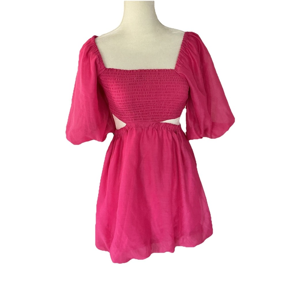 A New Day‎ Pink Puff Sleeve Smocked Cutout Organza Mini Dress  cottagecore XS